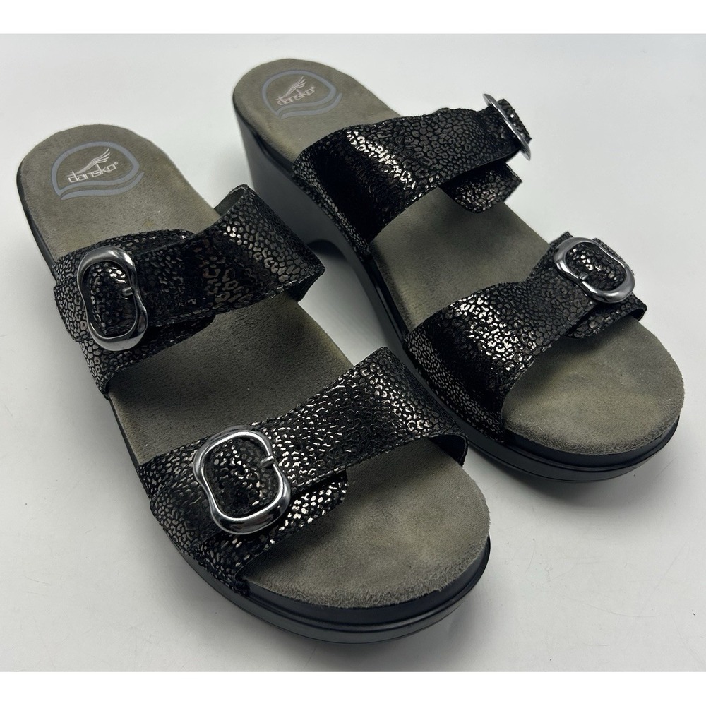 Dansko Sandals Womens 10.5 Sophie Two Strap Metallic Python Print 41 Wedge Read